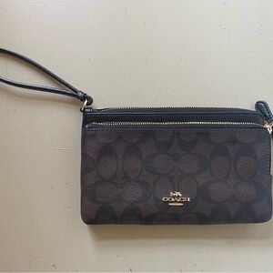 Coach Brown Monogram Wristlet with Gold Accents